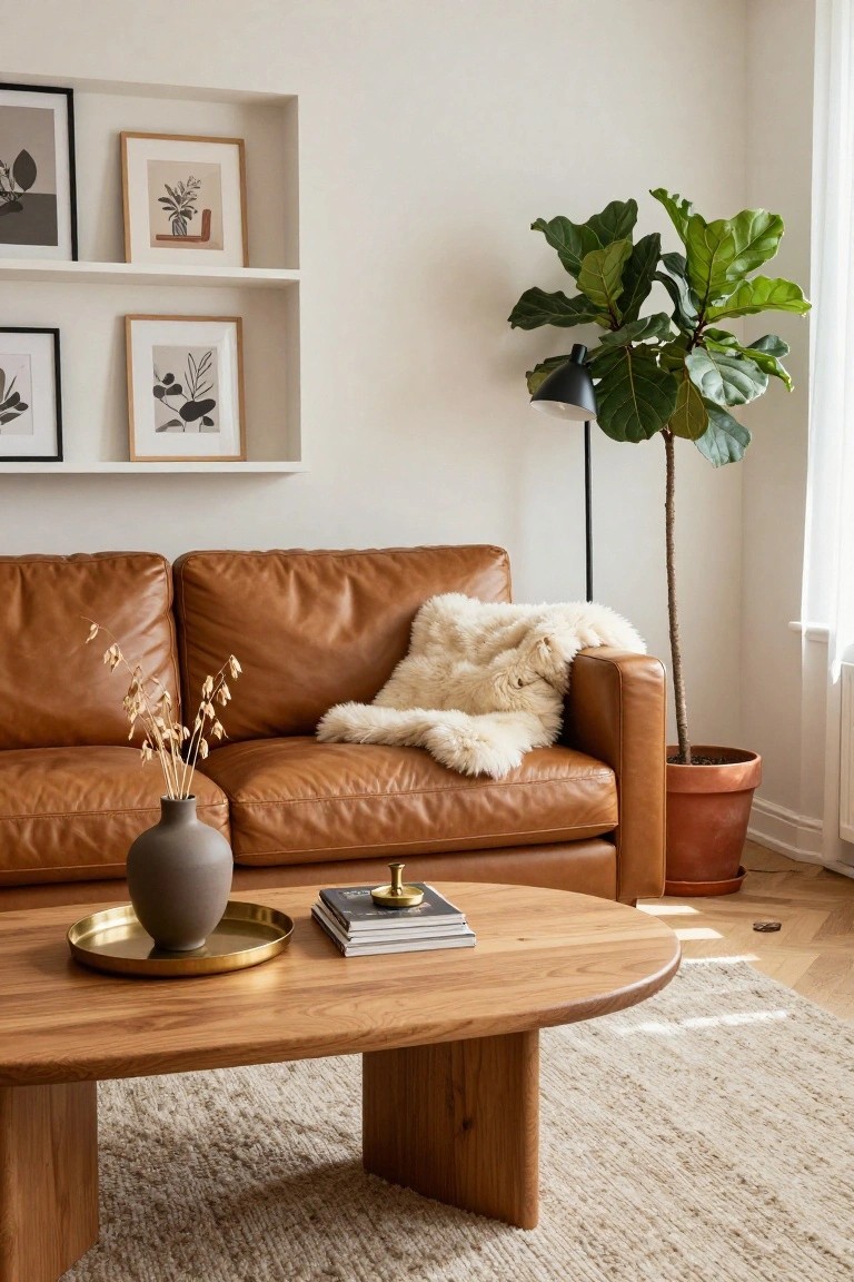 Living room corner with tan leather sofa draped in white sheepskin throw, oval wood coffee table topped by brass tray with gray vase of dried grasses, books, and candle, large fiddle leaf fig plant in terracotta pot, black floor lamp, and wall shelves with art prints.