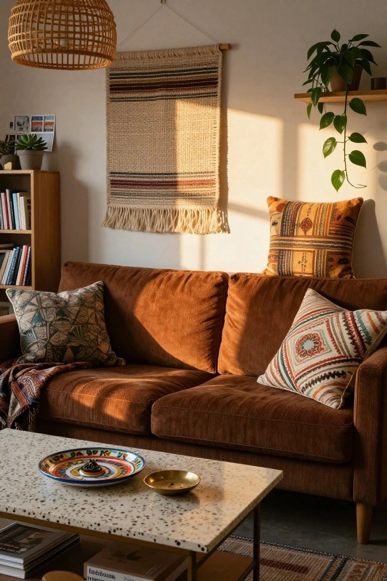 Living room with brown velvet sofa, terracotta coffee table holding colorful ceramic plate with brass incense holder, books below, plants, woven wall hanging, and pillows.
