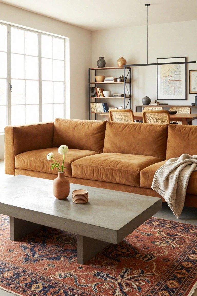 Beige living room with brown velvet L-shaped sofa, rectangular gray concrete coffee table topped with terracotta vase of white anemones and stacked round wooden coasters, red and navy Persian rug, black metal shelving with books and pottery, rattan dining chairs, and large multipane windows.