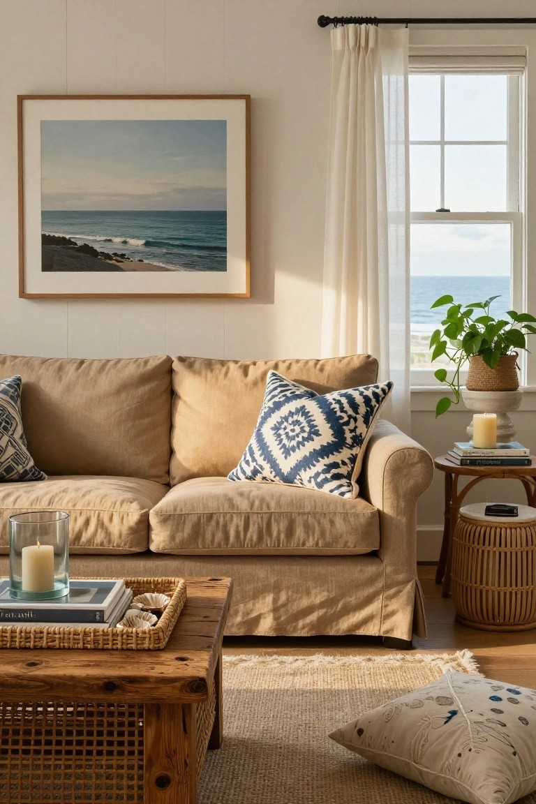 Coastal living room with beige sofa, ocean art, and woven accents.