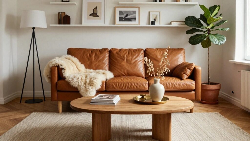 23 Coffee Table Styling Ideas With Brown Sofas Living room corner with tan leather sofa draped in white sheepskin throw, oval wood coffee table topped by brass tray with gray vase of dried grasses, books, and candle, large fiddle leaf fig plant in terracotta pot, black floor lamp, and wall shelves with art prints.