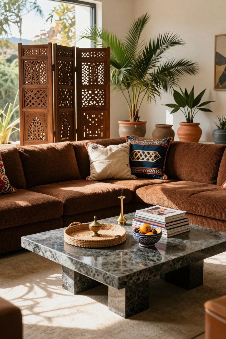 Sunlit living room featuring a brown corduroy L-shaped sofa, black marble coffee table with stacked books, woven tray incense burner, blue bowl of oranges, wooden lattice room screen, potted plants, and large window with outdoor view.