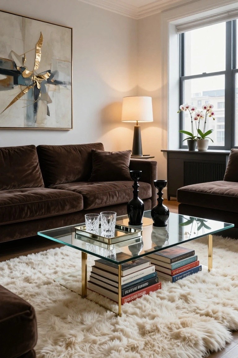 Brown velvet L-shaped sofa in a living room with glass coffee table on gold legs holding stacked books, gold tray with glasses, and black vases, white shag rug, lamp, orchids by window, and abstract wall art.