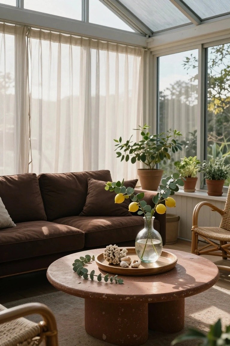 Sunroom interior with brown sofa, round terracotta coffee table holding a wooden tray with shells and eucalyptus leaves, glass vase of eucalyptus and lemons, potted plants, and wicker chairs by large windows.