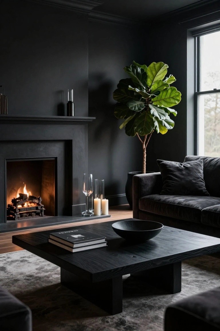 Dark living room with black walls and velvet sofa, black wood coffee table holding stacked books and black bowl, fiddle leaf fig plant near window, lit fireplace, and candles on mantel.
