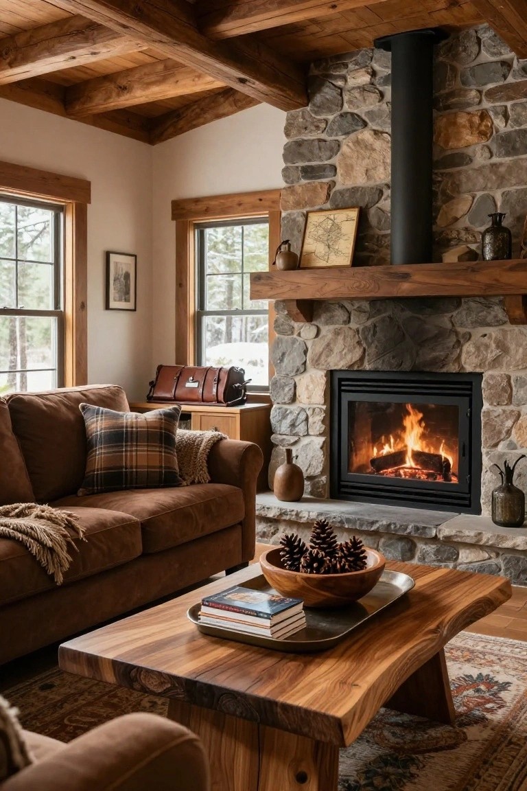 Cozy living room with brown sofa, live-edge wooden coffee table holding tray with wooden bowl of pinecones and stacked books, stone fireplace with fire, wooden beams, and windows showing snowy woods.