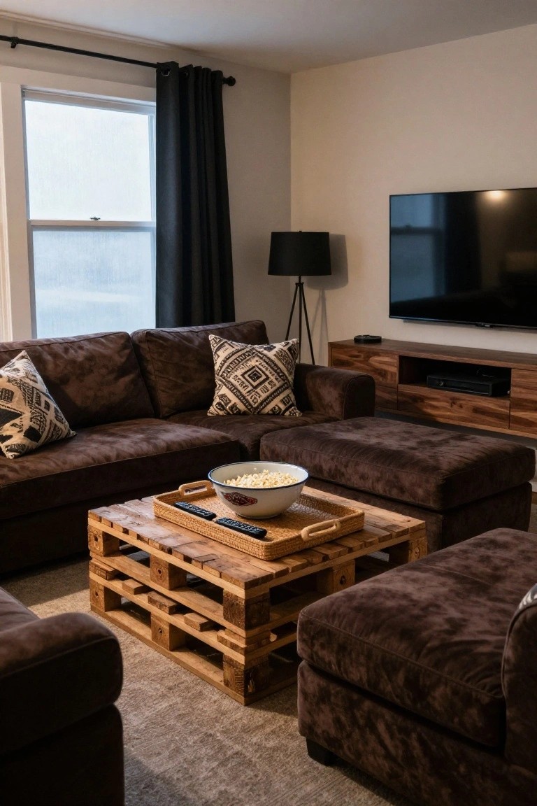 Living room with brown sectional sofa, wooden pallet coffee table topped by a woven tray with popcorn bowl and remotes, TV media console, floor lamp, and window with black curtains.