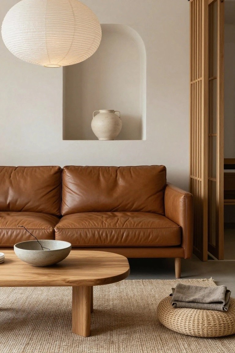 A neutral living room featuring a brown leather two-seater sofa, oval wooden coffee table with a white ceramic bowl containing a branch, beige rug, woven pouf, paper lantern ceiling light, arched niche with vase, and wooden shoji screen divider.