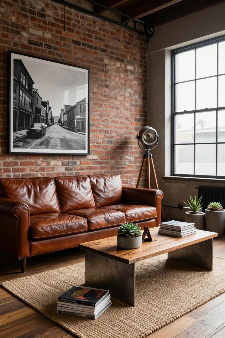 A tan leather three-seater sofa faces a low wooden coffee table with metal legs in a brick-walled room, the table styled with stacked magazines, a potted succulent, books on the rug, and small potted plants nearby.