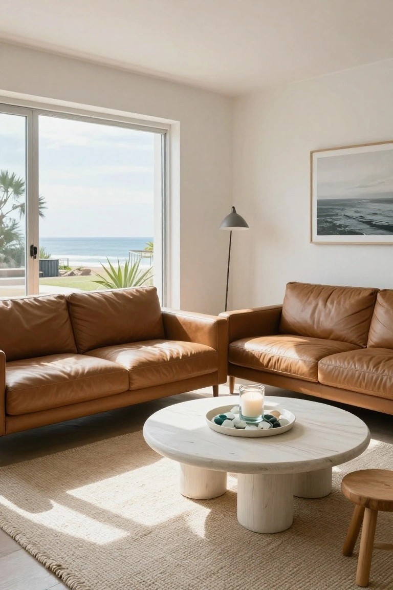 Bright living room with two tan leather sofas around a round white pedestal coffee table topped by a white tray of green and clear stones and a lit candle in glass, seagrass rug underneath, large windows showing beach and palms.
