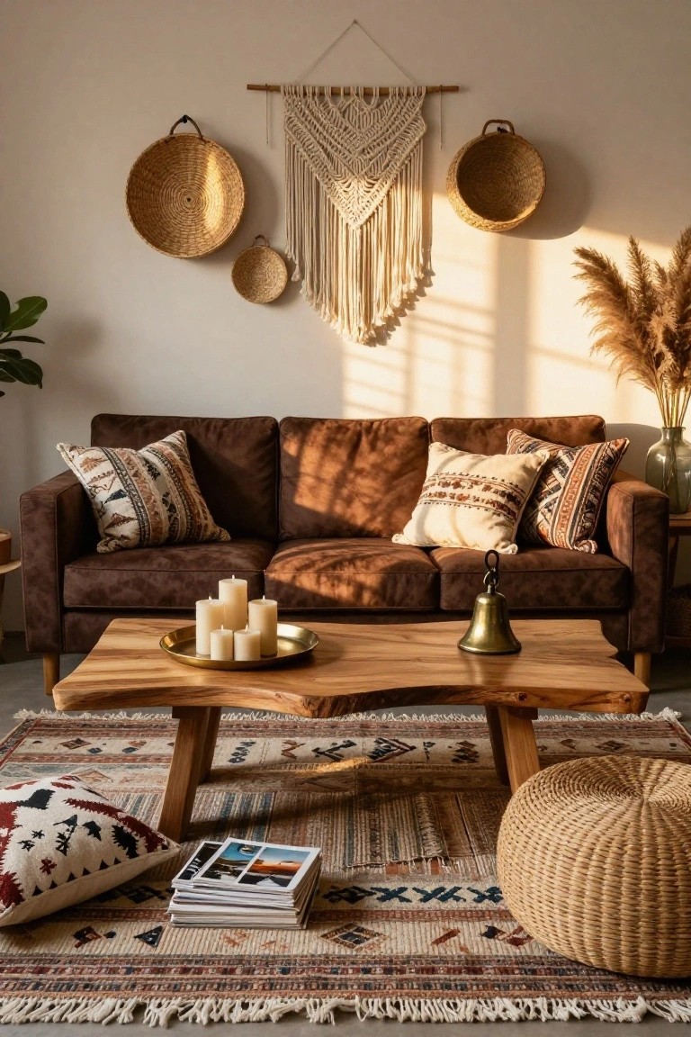 Brown fabric sofa in a light room with woven wall hangings, pampas grass, wooden coffee table topped by brass tray with white candles and brass bell, patterned rug, and woven pouf.