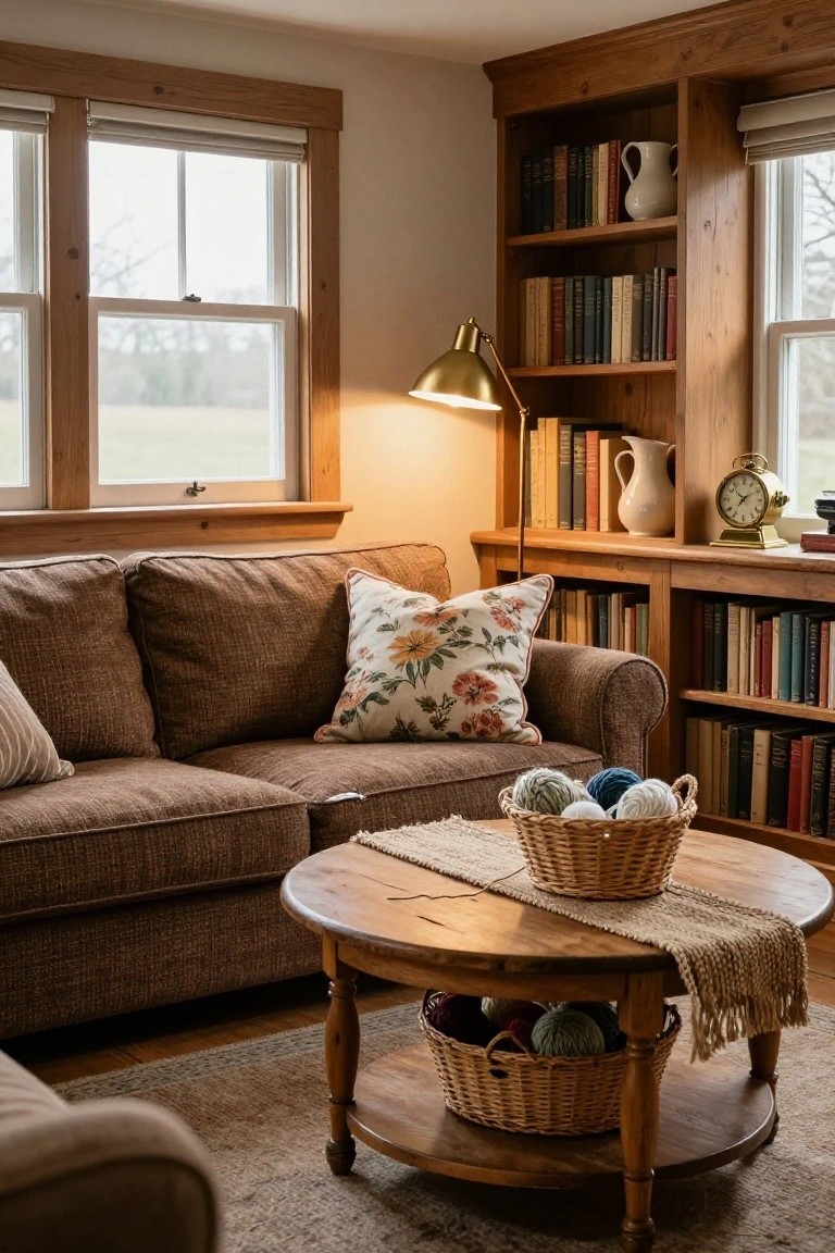 Cozy living room corner featuring brown upholstered sofa, wooden bookshelves with books and pottery, round wooden coffee table with woven baskets of yarn balls and a textured runner, brass lamp, and windows overlooking fields.