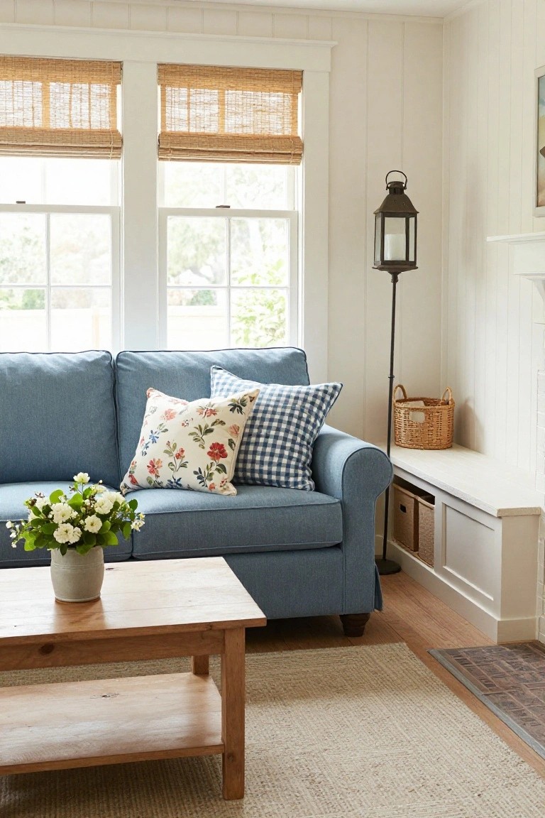 Bright living room with blue fabric sofa topped by white floral and blue gingham pillows, wooden coffee table with white flower bouquet in terracotta pot, bamboo shades on double windows, white shiplap walls, and tall floor lantern.