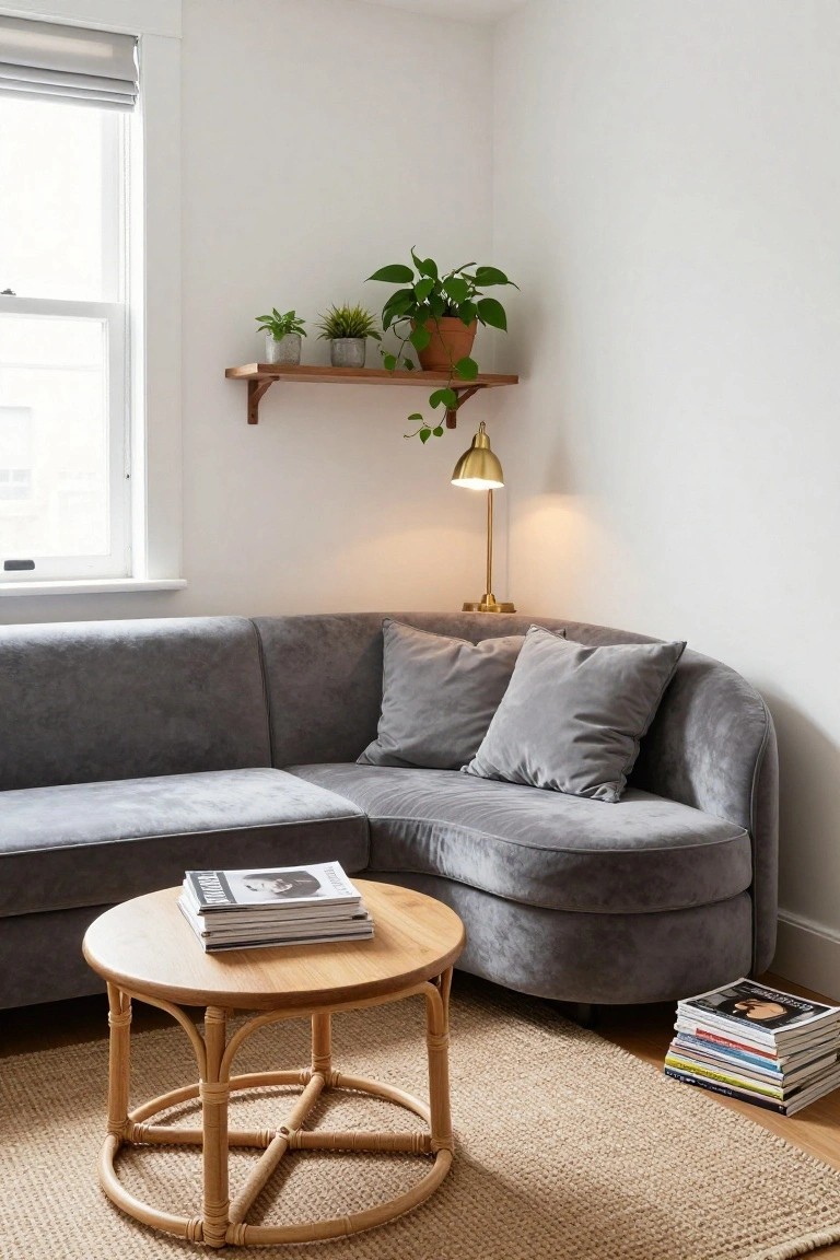 Corner of a white living room with curved gray velvet sofa, round rattan coffee table holding stacked magazines and books, seagrass rug, potted plants on wooden wall shelf, brass lamp, and window with gray roller shade.