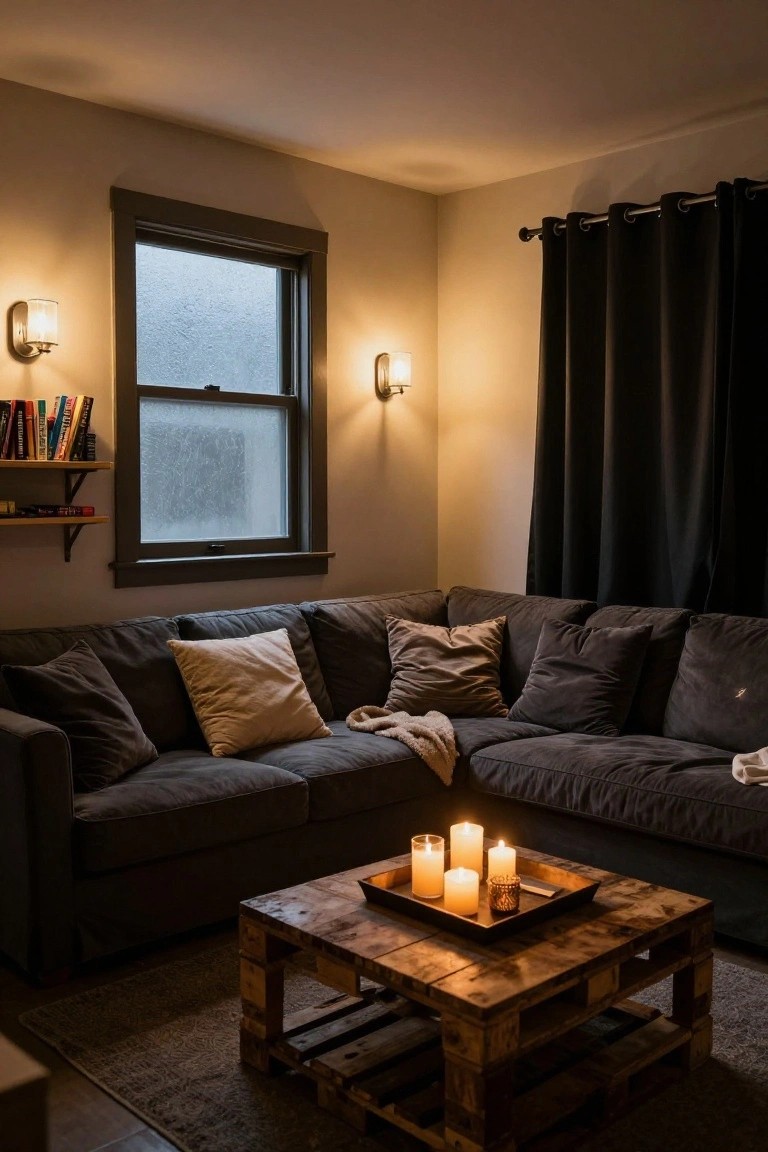 Dark gray L-shaped sofa with mixed pillows and a throw blanket in a living room corner, wooden pallet coffee table holding lit candles in a tray, bookshelves by a rainy window, warm wall sconces lit.