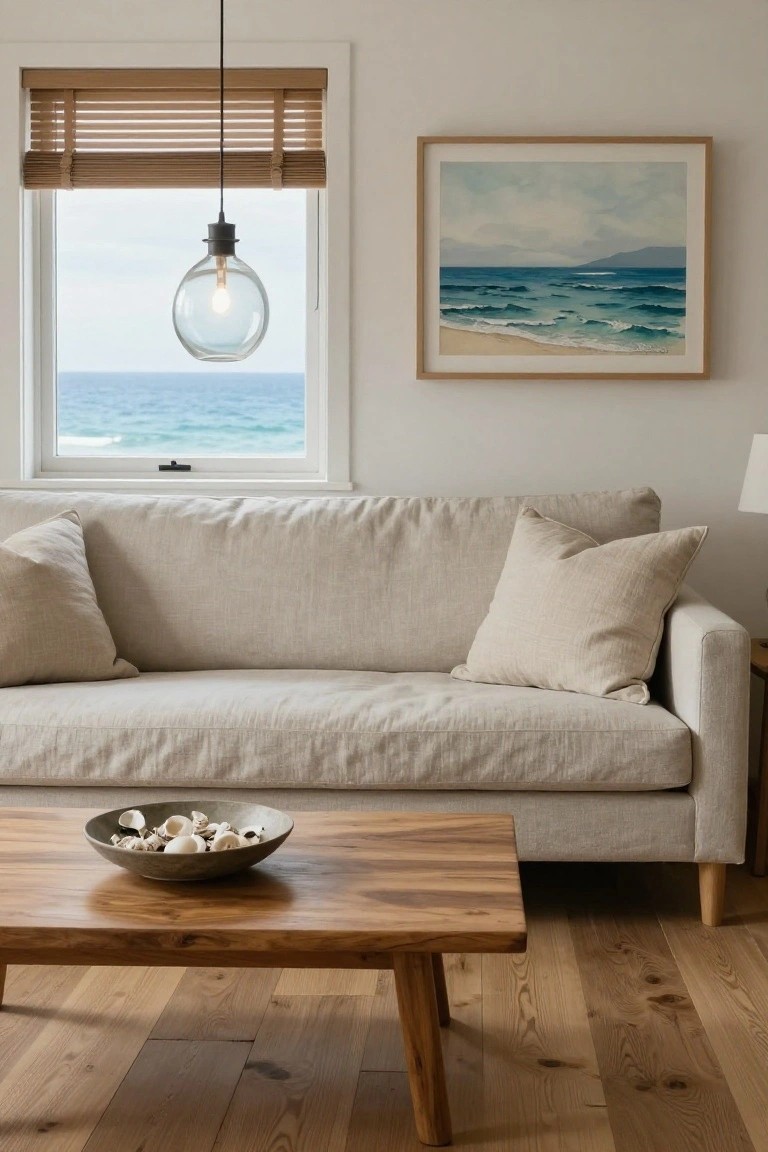 Light beige slipcovered linen sofa with two large matching pillows in a white-walled living room, beside a live-edge wooden coffee table with a gray bowl of seashells, facing a window overlooking the ocean, with bamboo blinds, a beach painting, table lamp, and light oak floors.