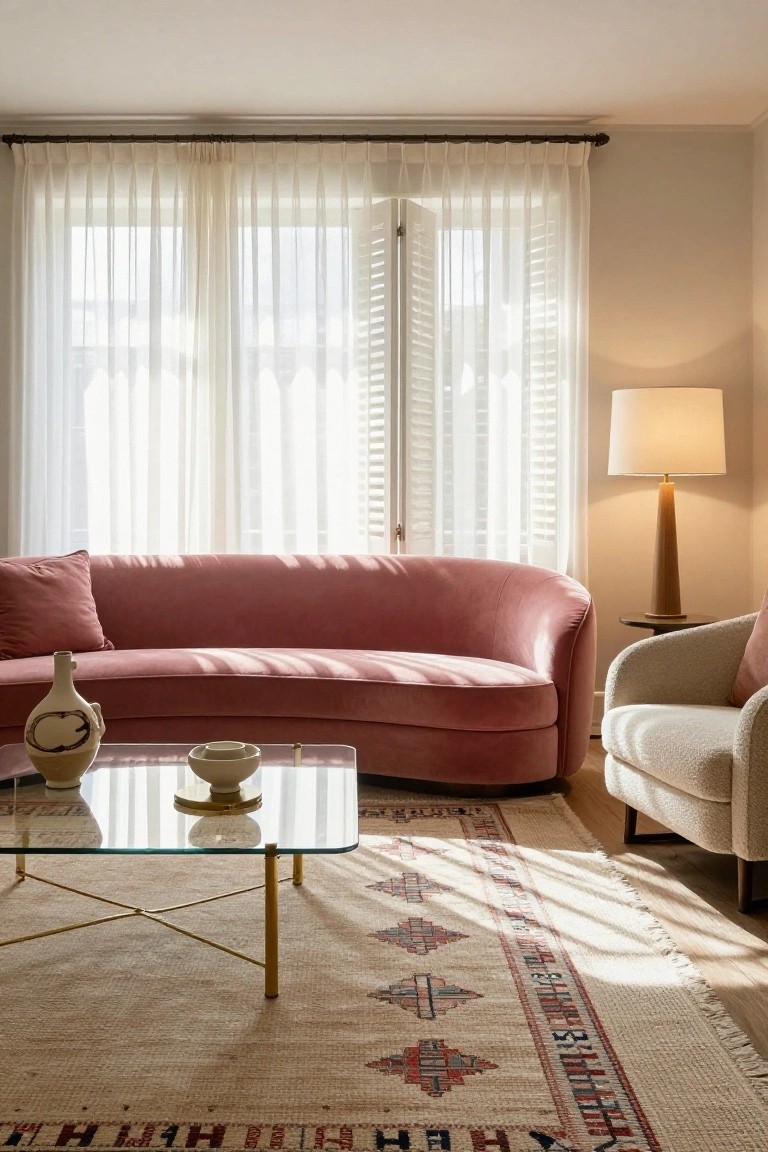 Sunlit living room with curved blush pink velvet sofa, glass coffee table topped with white ceramic vase and bowl, cream bouclé armchair, wood lamp on side table, sheer curtains over louvered doors, and beige patterned rug on wood floor.