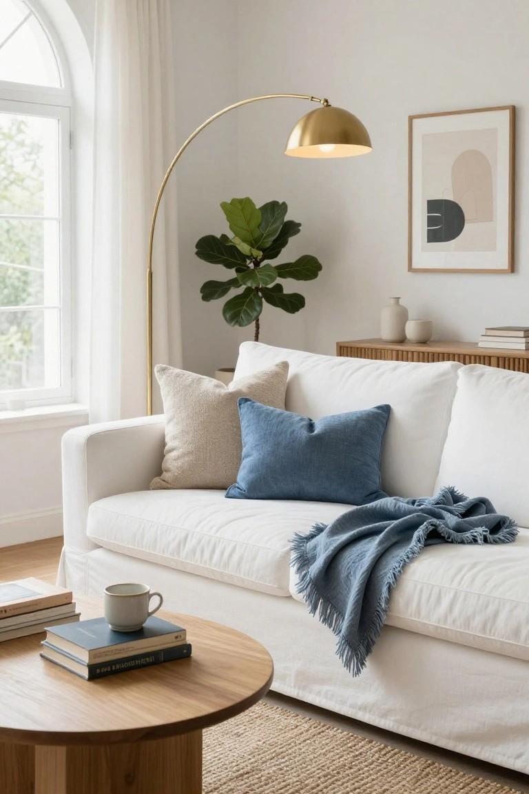 White slipcovered sofa in a bright living room with beige and blue pillows, draped blue fringed throw, wooden coffee table with stacked books and ceramic mug, fiddle leaf fig plant beside a gold arc lamp, abstract beige wall art, and arched window with white curtains.