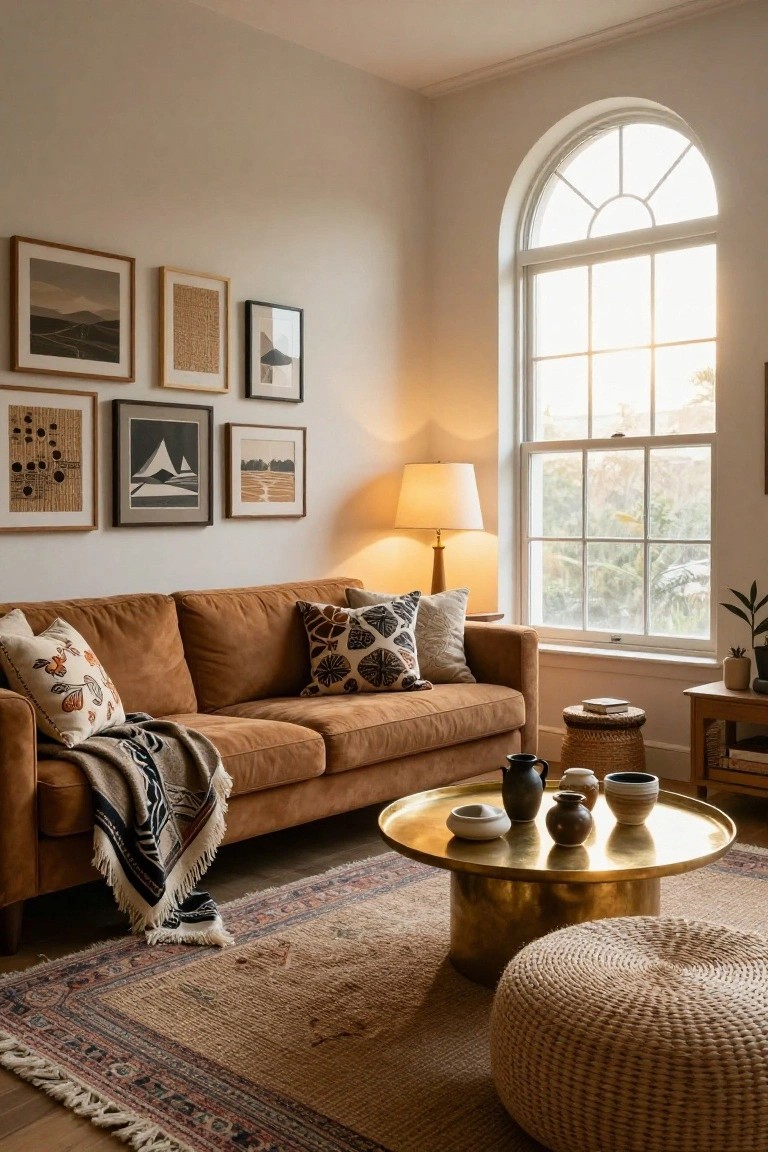 Tan suede sofa with patterned pillows, draped knit throw, brass coffee table holding ceramic pots and vessels, rattan pouf, Persian rug in a light-walled living room with art and arched window.