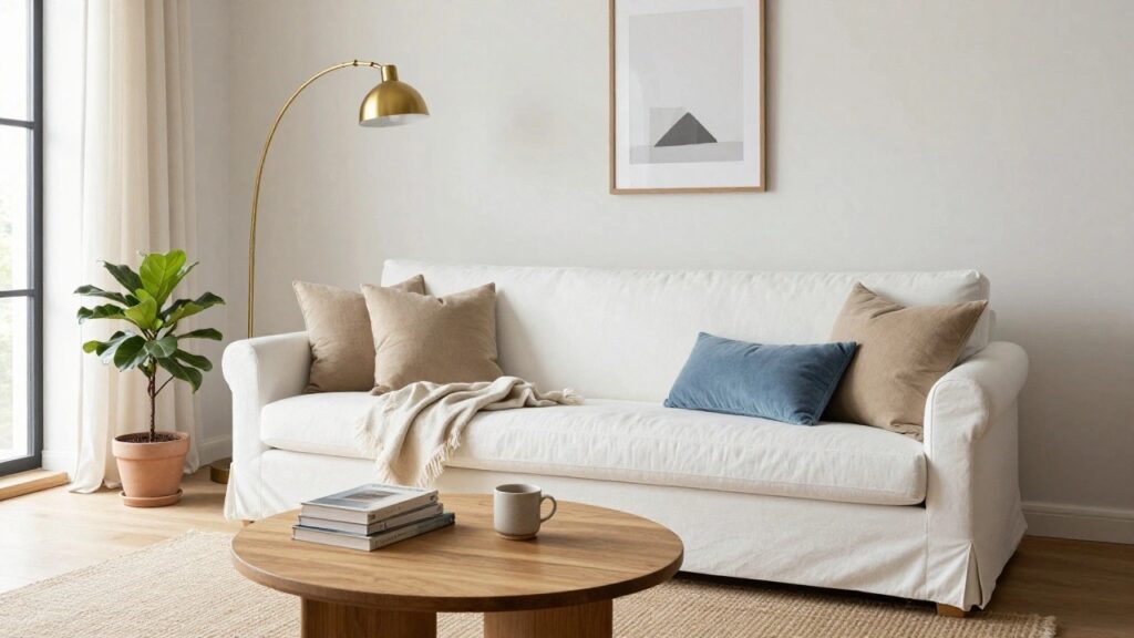 23 Cozy Sofa Styling Ideas for Relaxed Living Rooms White slipcovered sofa in a bright living room with beige and blue pillows, draped blue fringed throw, wooden coffee table with stacked books and ceramic mug, fiddle leaf fig plant beside a gold arc lamp, abstract beige wall art, and arched window with white curtains.