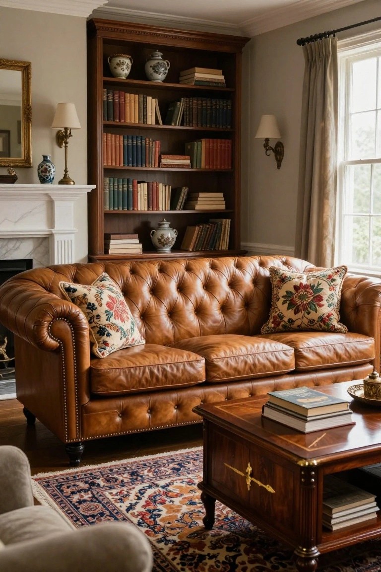A tan tufted leather Chesterfield sofa with large floral embroidered pillows sits in a traditional living room with tall bookshelves, marble fireplace, wooden coffee table, and Persian rug.
