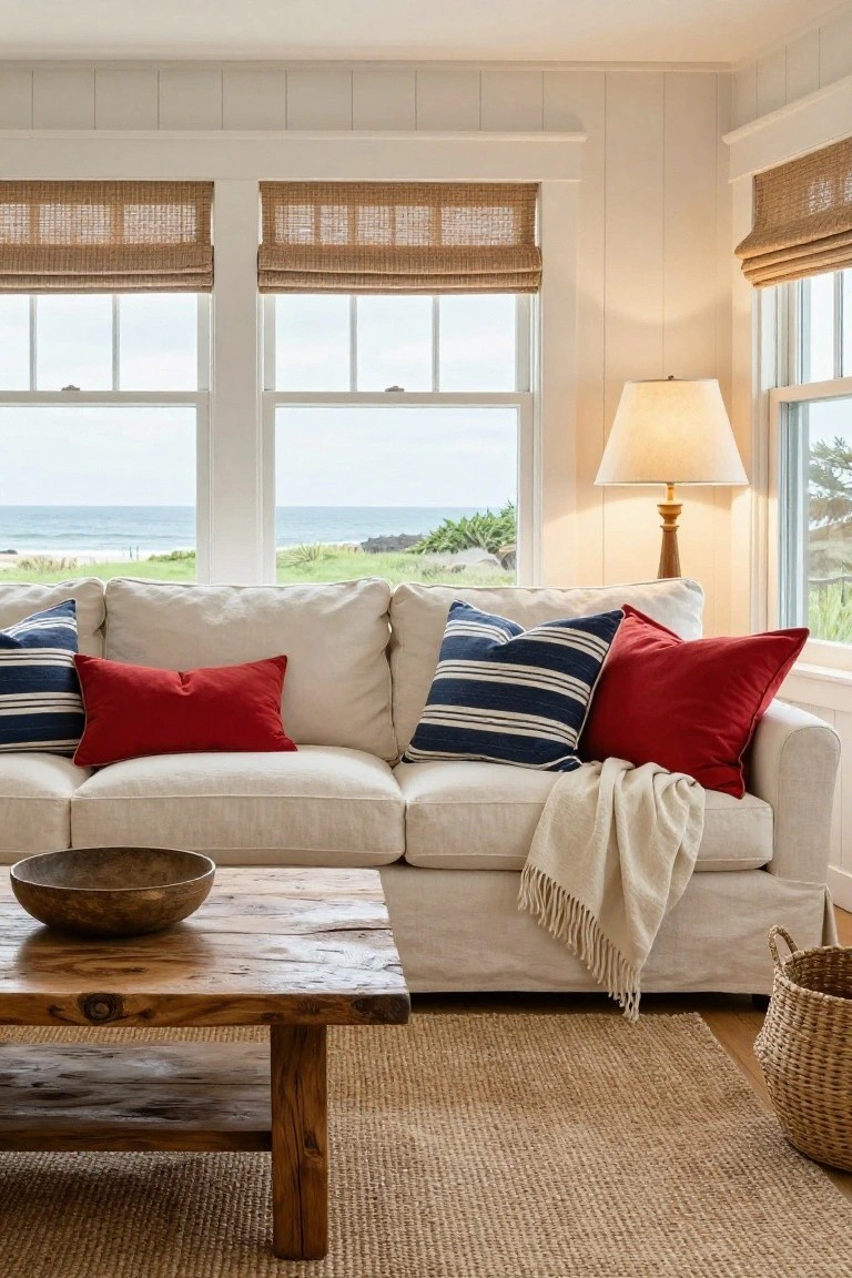 Cream slipcovered sofa with navy striped pillows, red accent pillows, white fringed throw blanket, wooden coffee table holding woven bowl, seagrass rug, bamboo shades on windows overlooking ocean in white paneled living room.