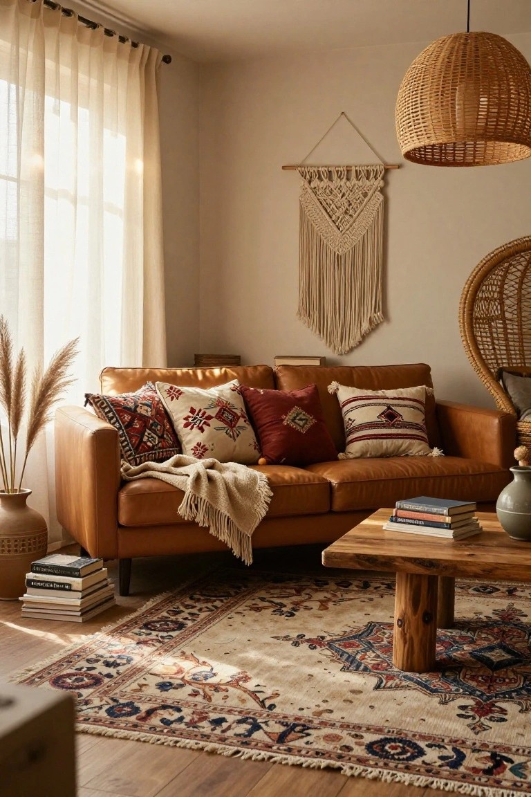 A sunlit living room corner with a tan leather sofa piled with colorful patterned pillows and a cream throw blanket, flanked by pampas grass in a terracotta vase, a wooden coffee table with stacked books, a rattan egg chair, macrame wall hanging, woven pendant light, and patterned rug on hardwood floors.
