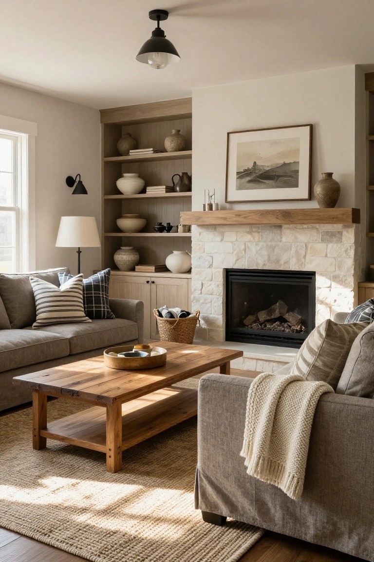 Living room with gray slipcovered sofa layered with striped, plaid, and neutral pillows plus a white knit throw over the arm, facing a white stone fireplace with oak mantel, built-in shelves with ceramics, wood coffee table, and seagrass rug.