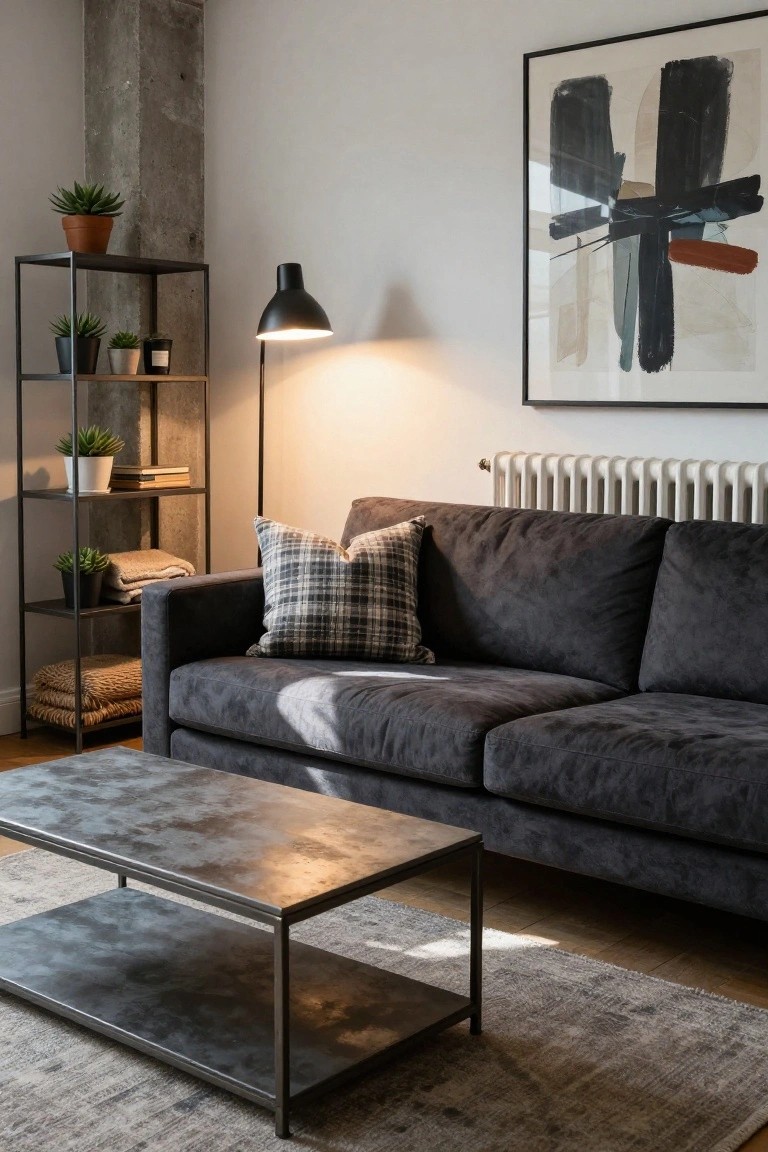 Dark gray velvet L-shaped sofa with black-and-white plaid pillows, draped tan throw, and folded blankets nearby in a living room with black metal shelving holding plants, books, and a low metal coffee table.