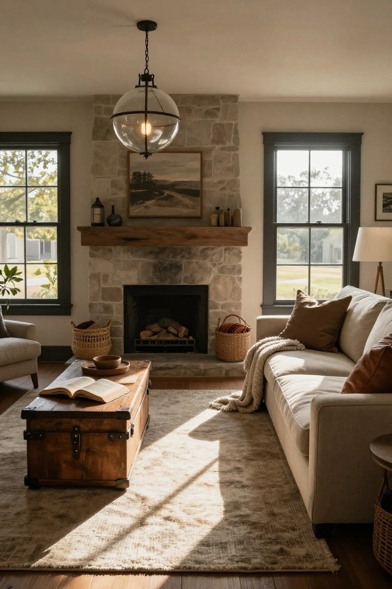Light beige sofa with rust and brown pillows, a white knit throw draped over the arm, wooden trunk coffee table, stone fireplace, and large windows in a cozy living room.