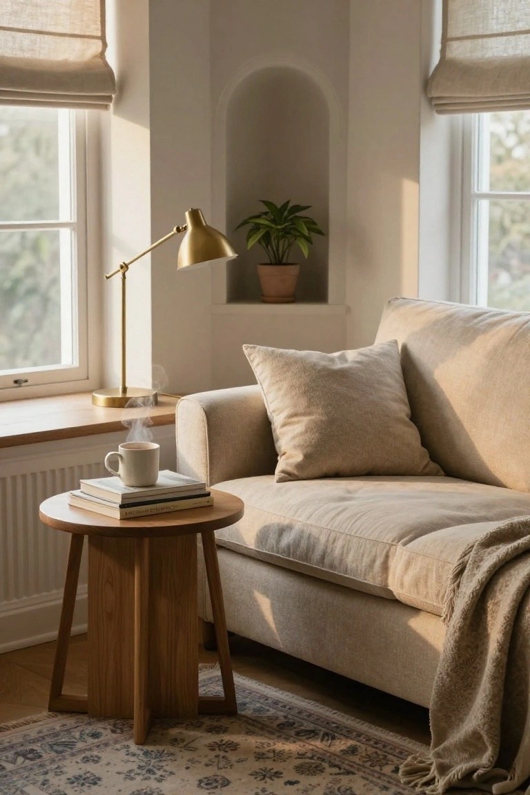 Light beige linen sofa in a sunny room corner with cream pillows and throw, round wooden side table holding stacked books and steaming white mug, gold adjustable lamp, potted plant in wall niche, linen blinds on tall windows, patterned rug on wood floor.