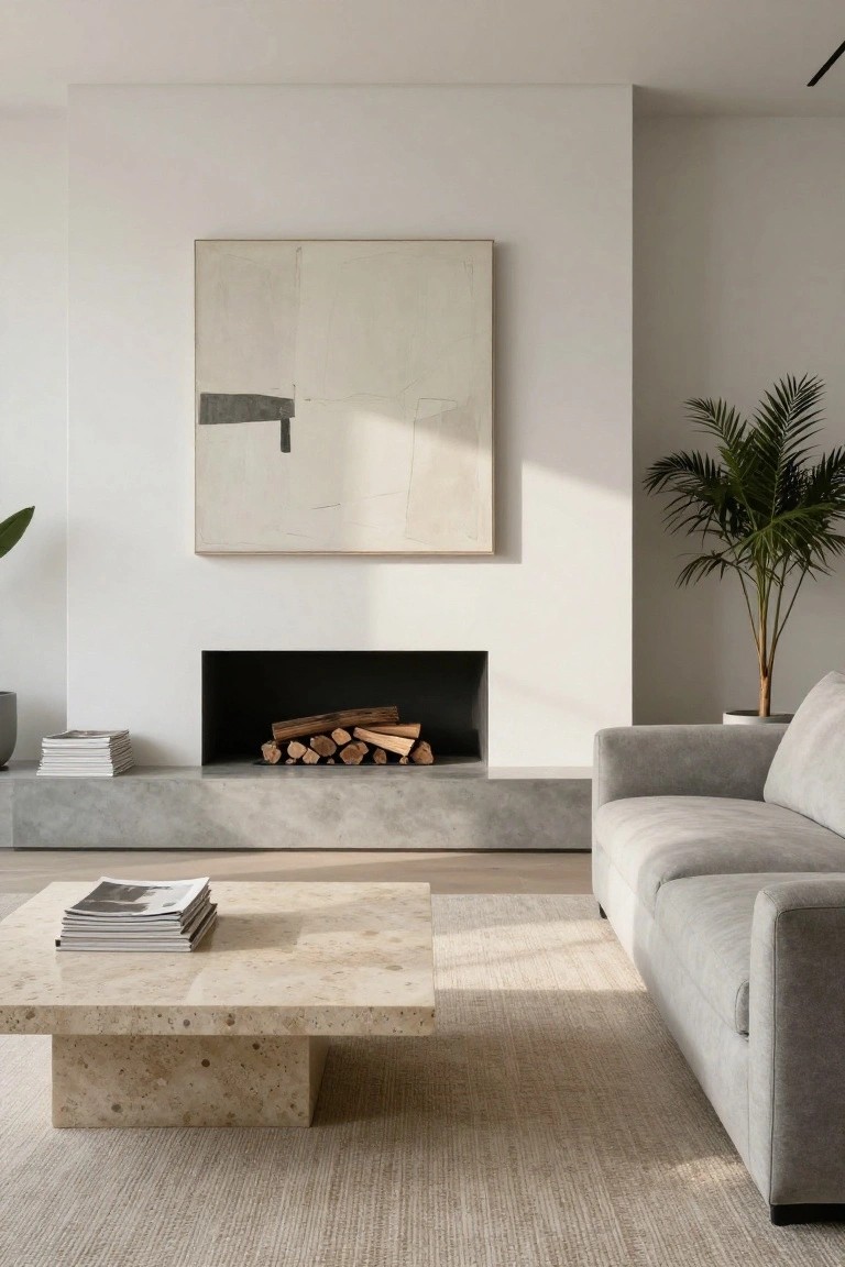 Minimalist living room interior with gray L-shaped sofa, low travertine coffee table topped with stacked magazines, concrete fireplace containing stacked firewood, large abstract painting on white wall, potted palm plant, and light rug on wood floor.