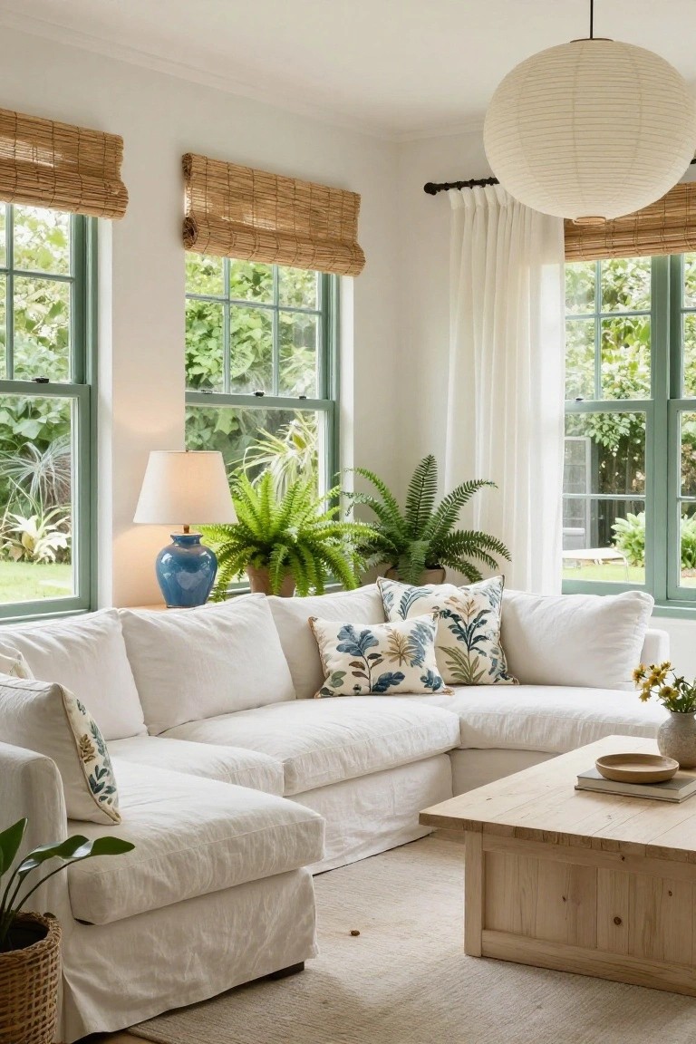 White L-shaped slipcovered sofa in a sunlit living room corner, flanked by potted ferns, with blue ceramic lamp, botanical pillows, bamboo shades on green-framed windows, wooden coffee table, and views of garden outside.