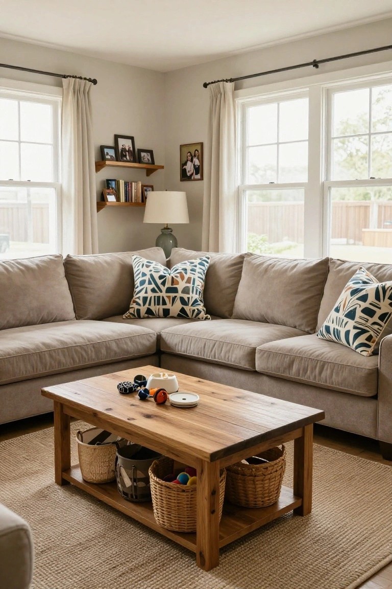 Beige L-shaped sofa with blue patterned pillows in a light gray living room corner, wooden coffee table with toys on top and woven baskets stored underneath, large windows with curtains, floating shelves, and a lamp.
