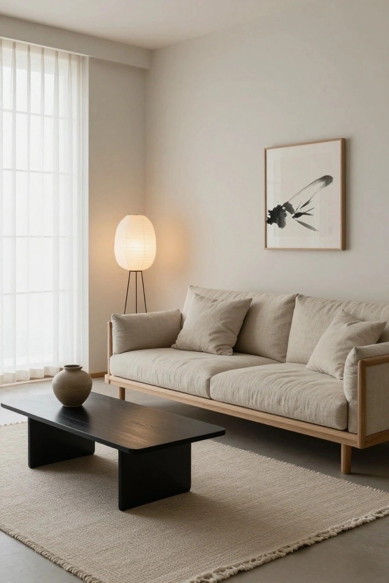 Beige linen sofa with wooden frame in a neutral living room next to a black rectangular coffee table on a beige rug, with a washi-style floor lamp, ceramic vase, ink painting on wall, and sheer curtains over window.