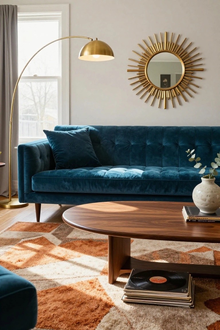 Teal tufted velvet sofa in a light-filled living room with oval wood coffee table holding stacked vinyl records and books, gold arc floor lamp, gold sunburst mirror on wall, geometric area rug, side table with plant, and ceramic vase with eucalyptus on sofa arm.