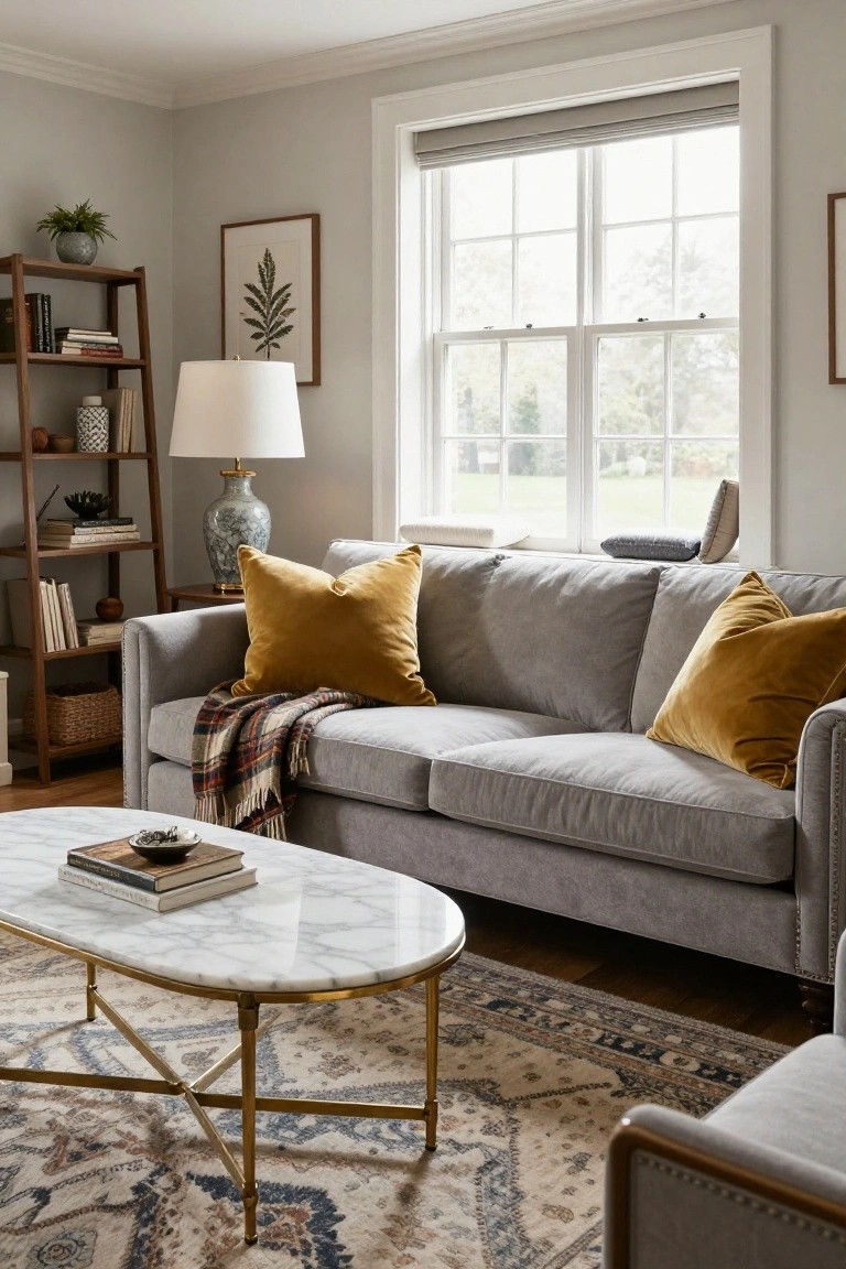 Gray three-seater sofa with yellow velvet pillows, plaid throw blanket, and neutral cushions in a light gray living room featuring a white marble coffee table, bookshelves, lamp, and window.