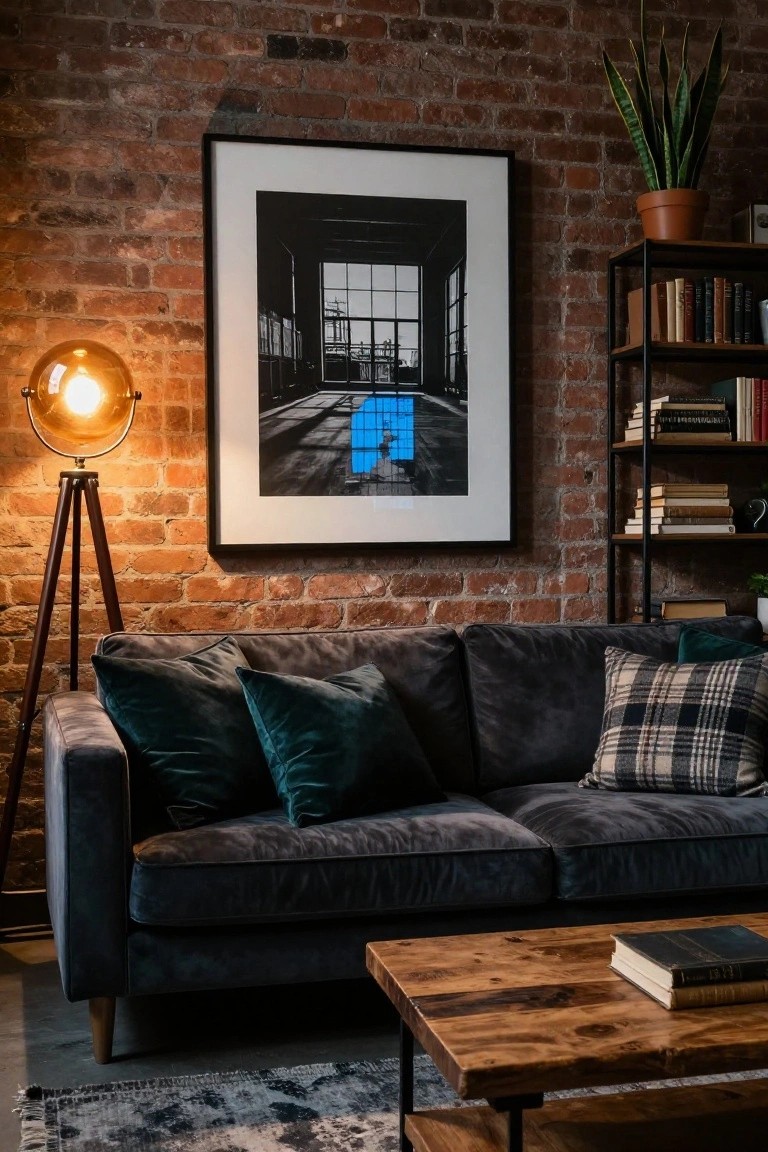 Dark gray velvet sofa with green velvet pillows and plaid pillows on an exposed brick wall in a living room with wooden coffee table, metal bookshelf, tripod floor lamp, potted snake plant, and large framed black-and-white photograph.