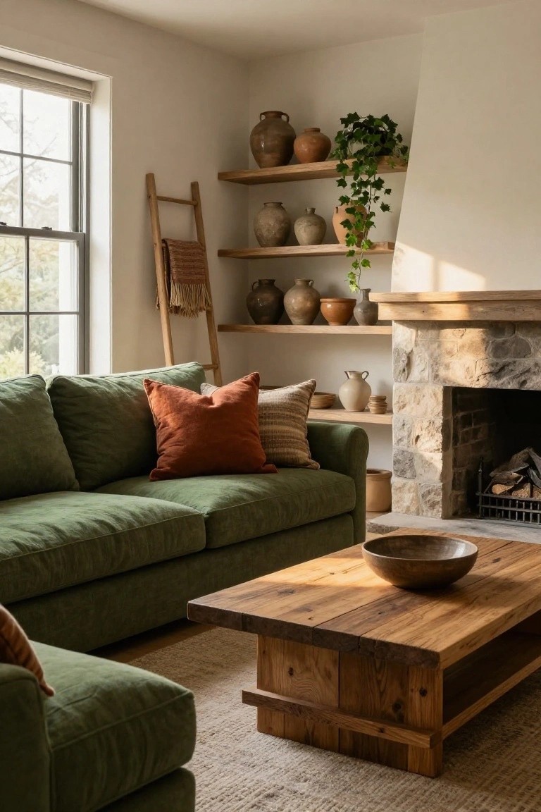A green upholstered sofa with rust, orange, and patterned pillows sits in a living room near a stone fireplace, wooden shelves holding pottery and plants, a low wooden coffee table, and a seagrass rug.
