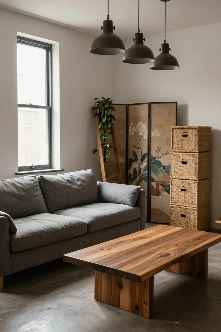 A gray fabric sofa faces a rectangular live-edge wooden coffee table in a white-walled living room with black-framed window, Japanese folding screen with floral design, wicker storage drawers, potted plant on wooden ladder, and three black pendant lights overhead.