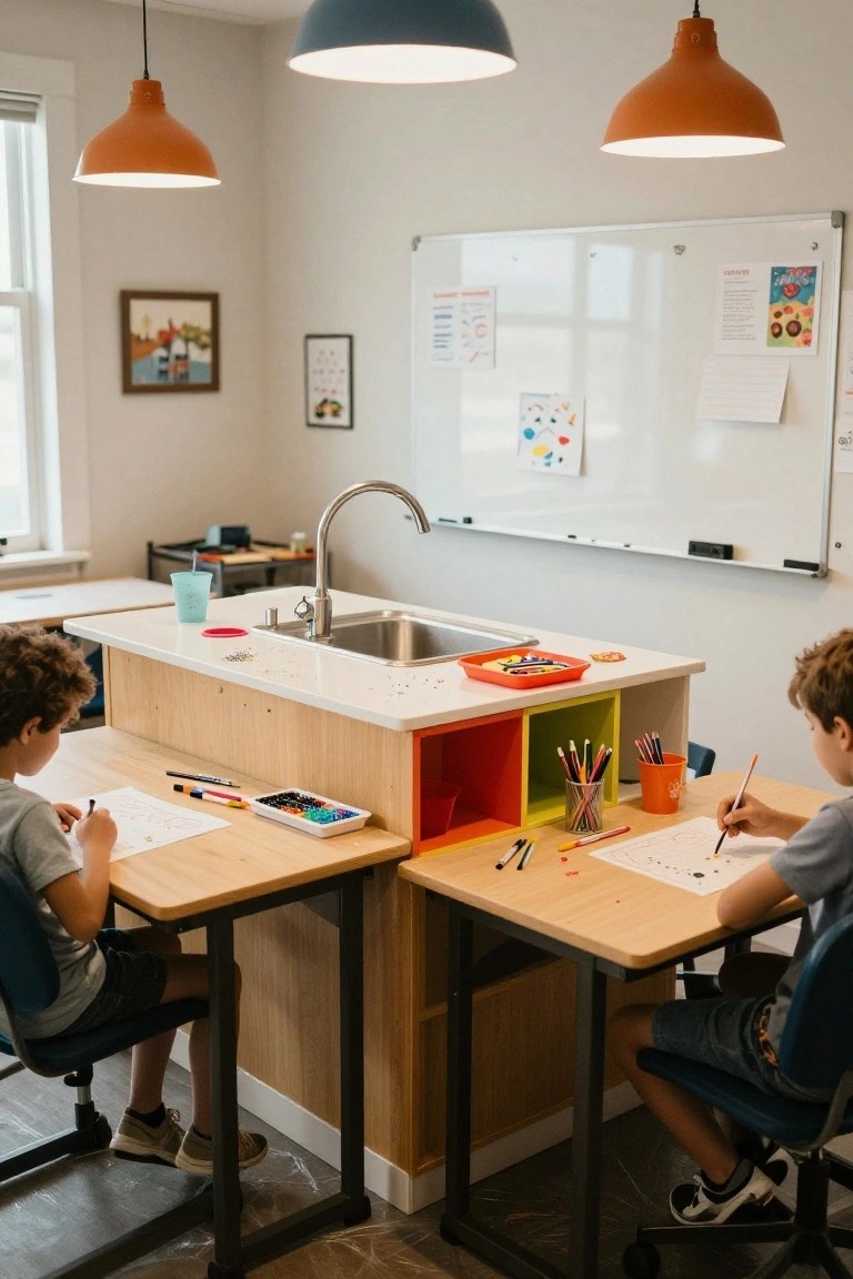 Two boys with curly hair draw at wooden tables attached to a tall colorful storage unit with orange and yellow cubbies, a white countertop sink, and pendant lights in a bright room with whiteboard.