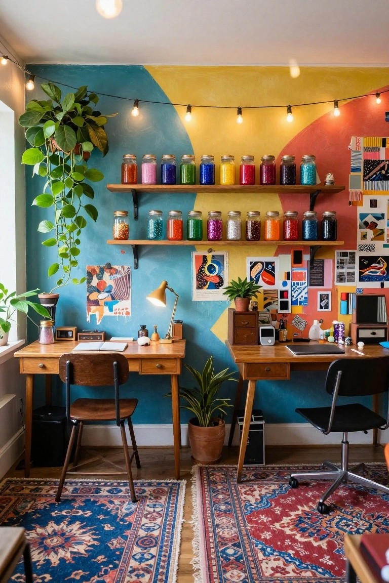 Colorful craft room office combo with curved teal, yellow, and orange wall painting, wooden shelves holding jars of multicolored beads and glitter, two wooden desks with chairs, hanging plants, string lights, and assorted wall art and decor.