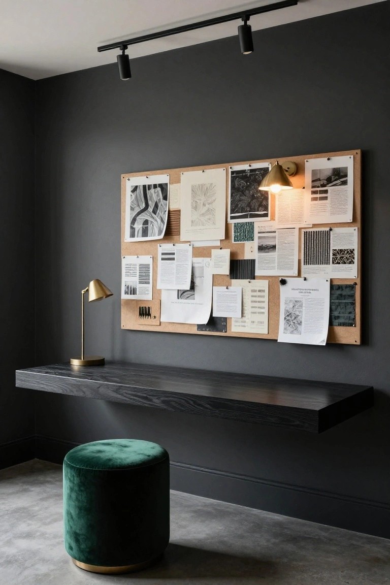 Dark gray interior room featuring a large wall-mounted corkboard covered in papers, drawings, fabric samples, and notes above a floating black wood desk with a gold desk lamp, a green velvet stool nearby, track lighting on the ceiling, and a gold wall sconce.