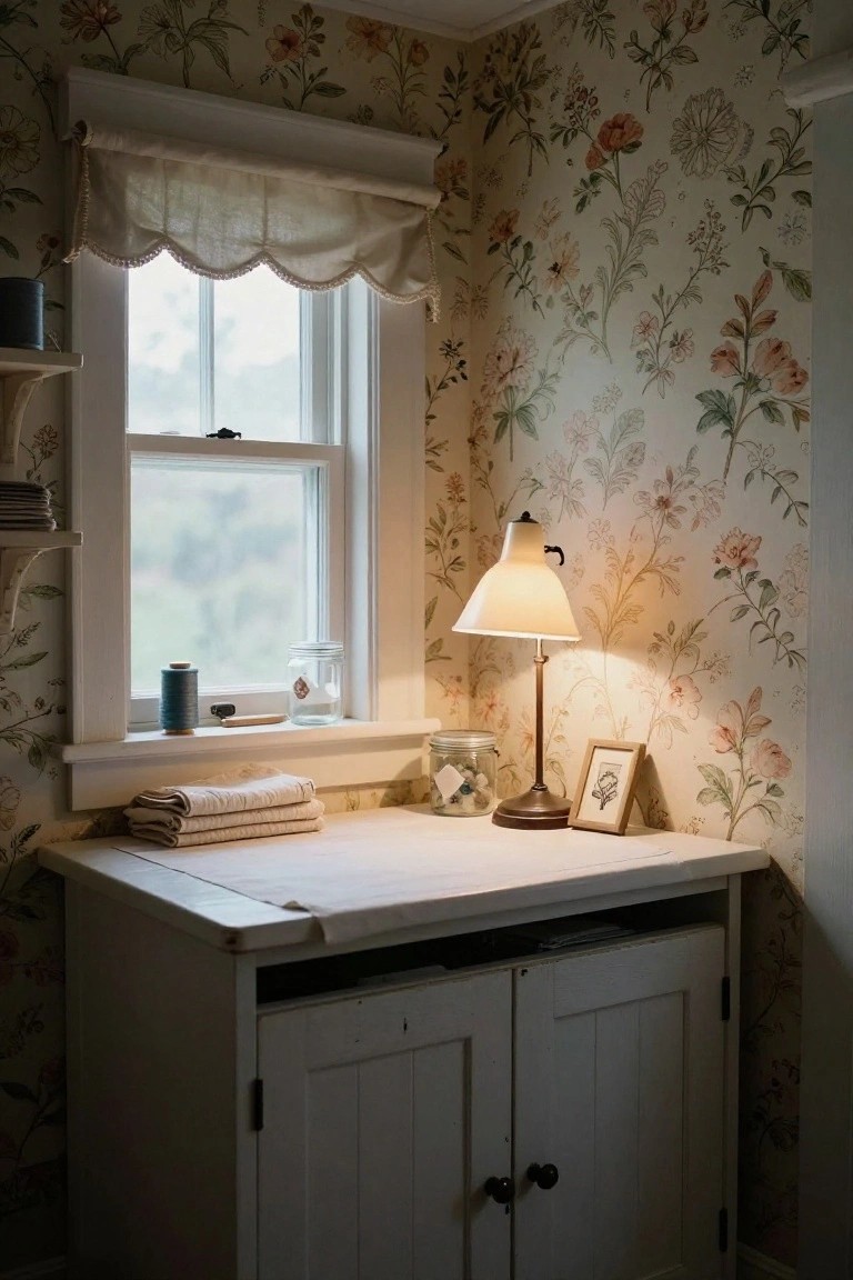 Corner of a room with beige floral wallpaper, white wooden cabinet used as a desk topped with folded beige cloths, glass jars, a desk lamp, spool of blue thread, and small picture frame, beside a white window with linen valance and wall shelves holding fabric bolts.