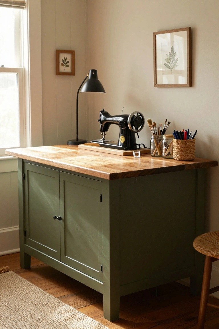 Green painted cabinet with light butcher block top holding a black sewing machine, flanked by jars of brushes and pens in a beige corner room with window, lamp, and stool.