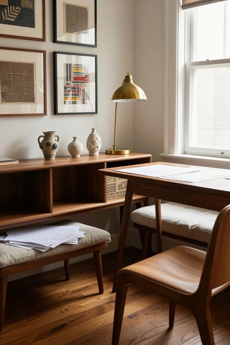 Wooden credenza serving as desk and storage in a light-filled room corner, topped with white ceramic vases and papers, flanked by abstract artworks on walls, with a desk lamp, chair, and stool nearby on hardwood floors.