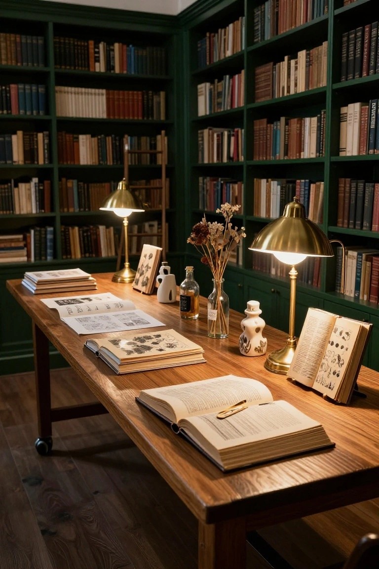 Corner interior room with dark green built-in bookshelves filled with assorted books, a central wooden table holding open books, sketchbooks, dried flowers in vases, ceramic bottles, and two brass banker's lamps.