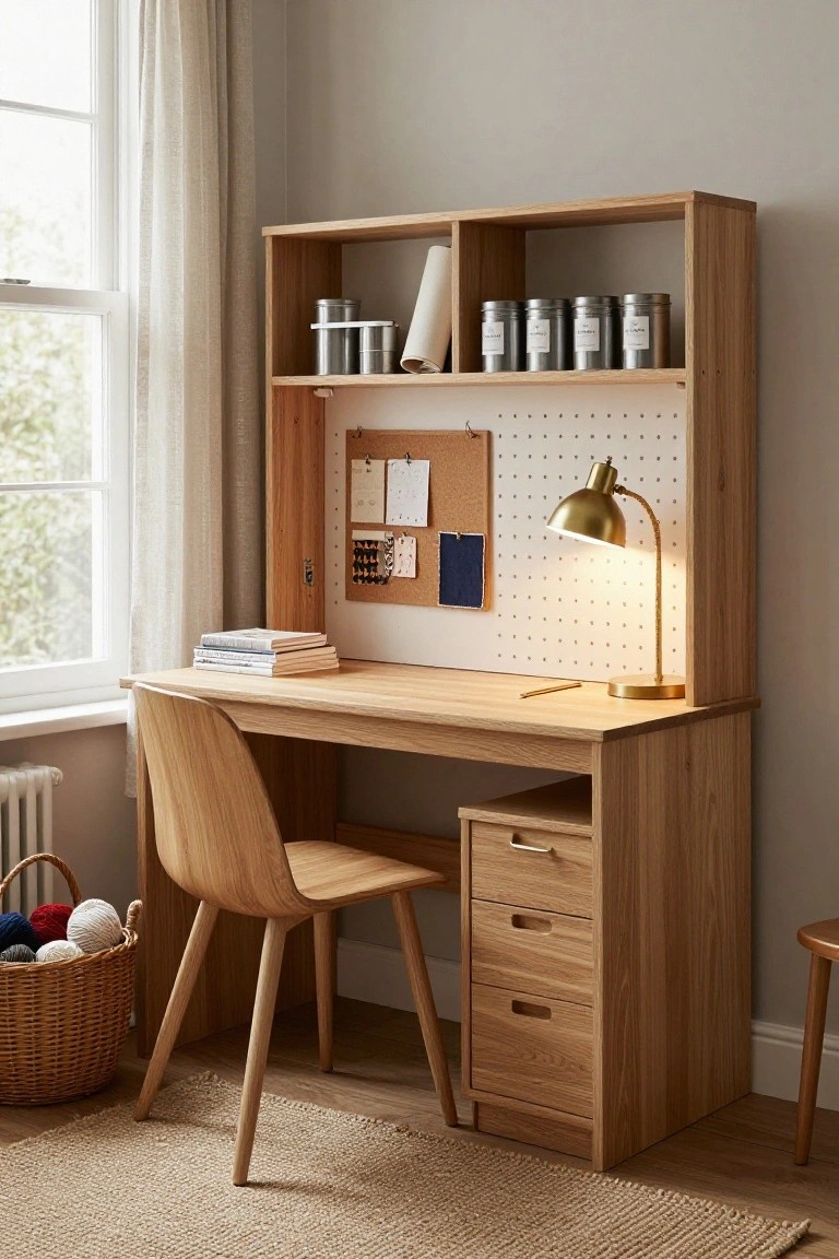 Wooden desk with hutch featuring open shelves holding jars and paper rolls, a desk lamp, books, bulletin board, chair, and yarn basket in a beige room with window and radiator.