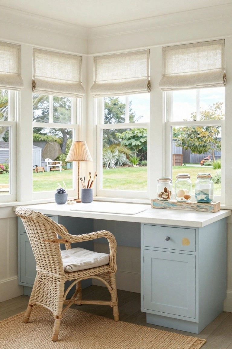 A bright coastal desk with a wicker chair and sea-themed jars.