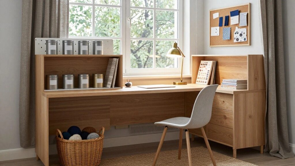 Wooden desk with hutch featuring open shelves holding jars and paper rolls, a desk lamp, books, bulletin board, chair, and yarn basket in a beige room with window and radiator.